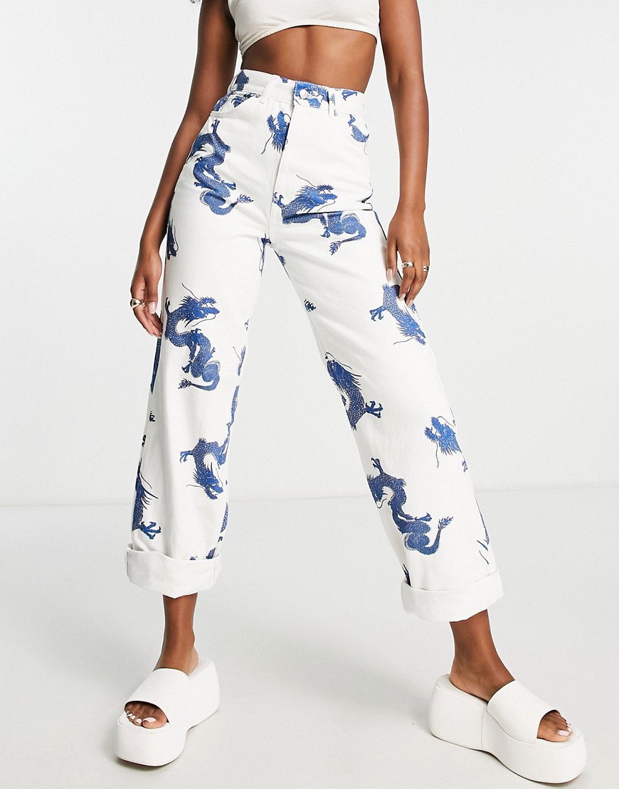 Topshop oversized Mom jeans with dragon print in white