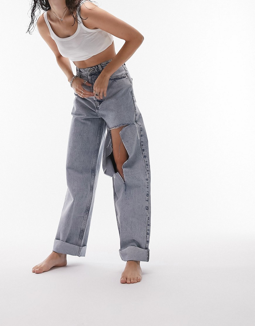 Topshop oversized Mom jeans with rip in bleach-Blue