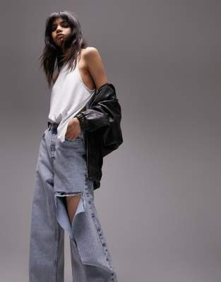 Topshop oversized Mom jeans with rip in bleach-Blue