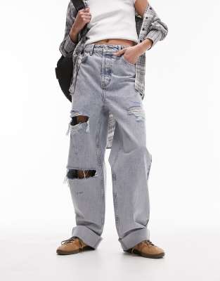 oversized Mom jeans with rips in bleach-Blue