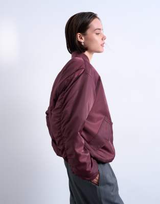 Topshop Oversized Nylon Bomber Jacket In Burgundy
