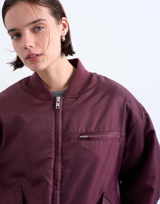 Topshop oversized nylon bomber jacket in burgundy