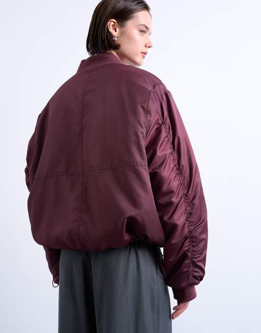 Topshop oversized nylon bomber jacket in burgundy