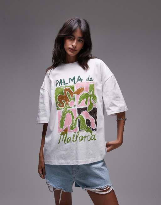 Topshop - Oversized og hvid jersey-T-shirt med 'Palma de Mallorca'-print foran