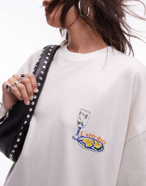 Topshop - Oversized og hvid T-shirt med grafisk L'aperitivo-print, 2 af 3