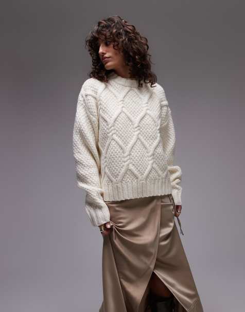 Topshop - Oversized og hvid trøje i chunky kabelstrik med snoede detaljer og rund hals - view 1