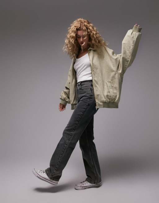 Topshop - Oversized og kakigrøn bomber-jakke med ekstrem syrevask i bomuld, 2 af 4