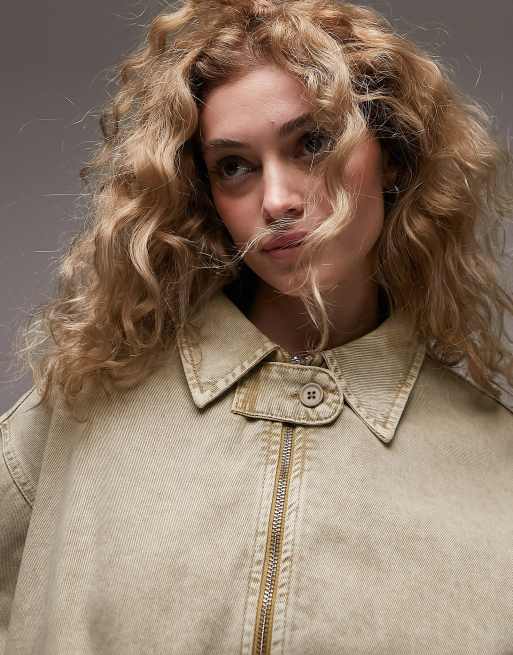 Topshop - Oversized og kakigrøn bomber-jakke med ekstrem syrevask i bomuld, 3 af 4