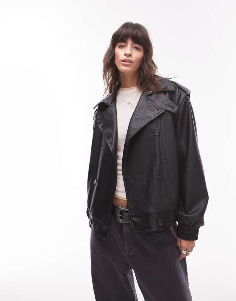 Topshop - Oversized og sort bomber-jakke i imiteret læder med bobledesign - view 1