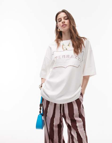 Topshop - Oversized opengwerkt T-shirt met Terrazzo-slogan in wit - view 1