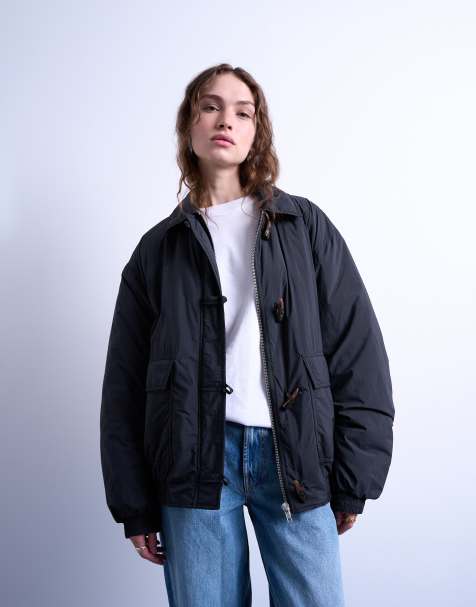Topshop oversized padded hybrid toggle bomber in black - view 1
