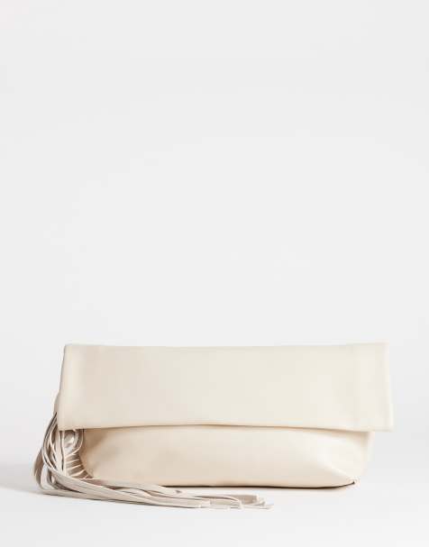Topshop oversized Pippa fringe clutch bag in stone - view 1