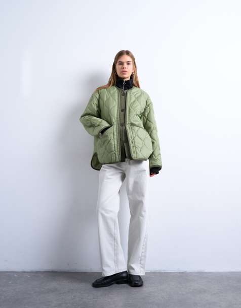 Topshop oversized placket two tone liner jacket in dark khaki  - view 1