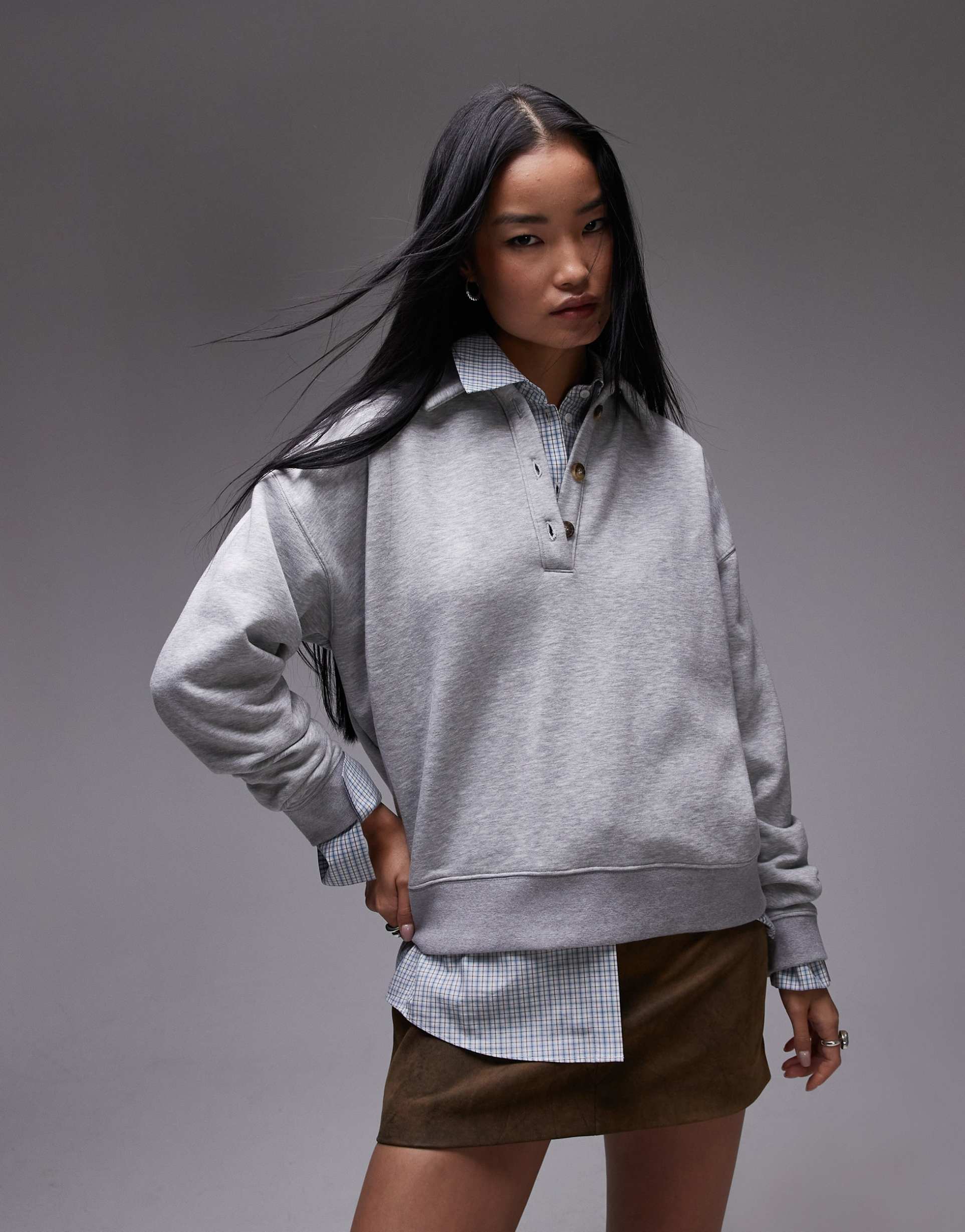 topshop oversized polo sweatshirt in gray