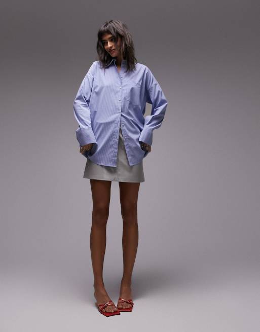Topshop oversized poplin two tone stripe shirt in blue