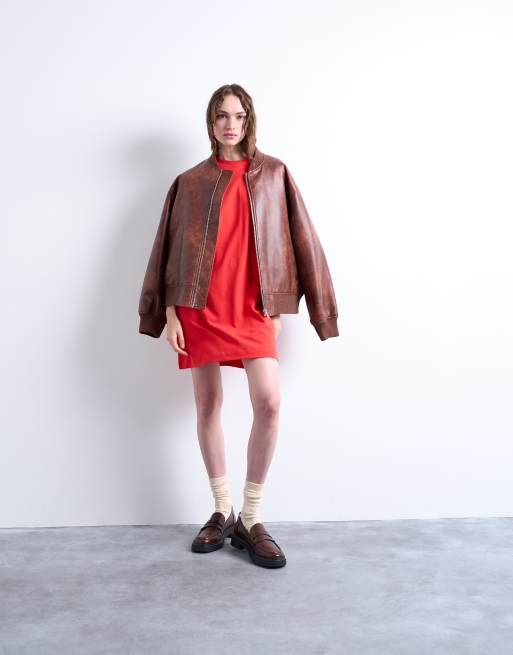 Topshop oversized premium short sleeve t-shirt dress in red ASOS