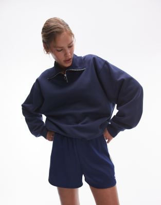 Topshop Oversized Quarter Zip Sweatshirt In Navy