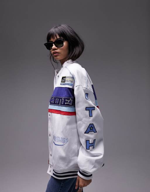 Topshop - Oversized racerjack met moto-badges in wit, 4 van 4