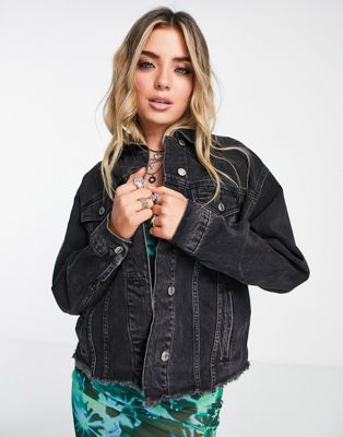 Topshop oversized raw denim jacket in washed black  - ASOS Price Checker