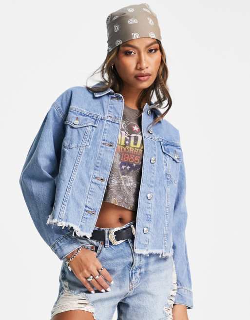 Cropped raw hem outlet denim jacket