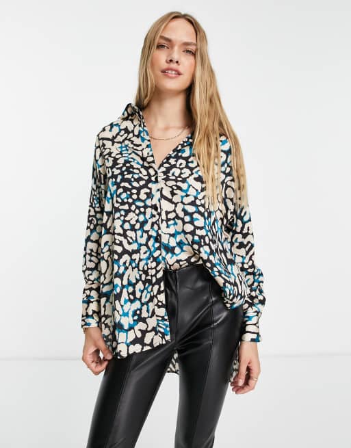 Topshop oversized satin animal shirt in green