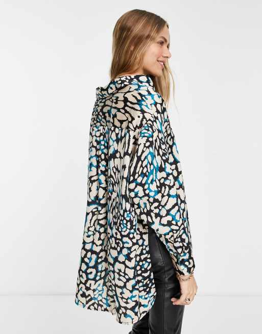 Topshop oversized satin animal shirt in green, 2 of 4