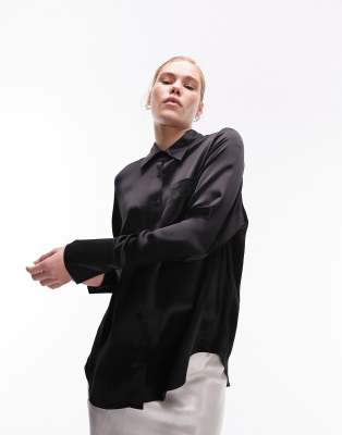 Topshop Satin Oversized Shirt In Black