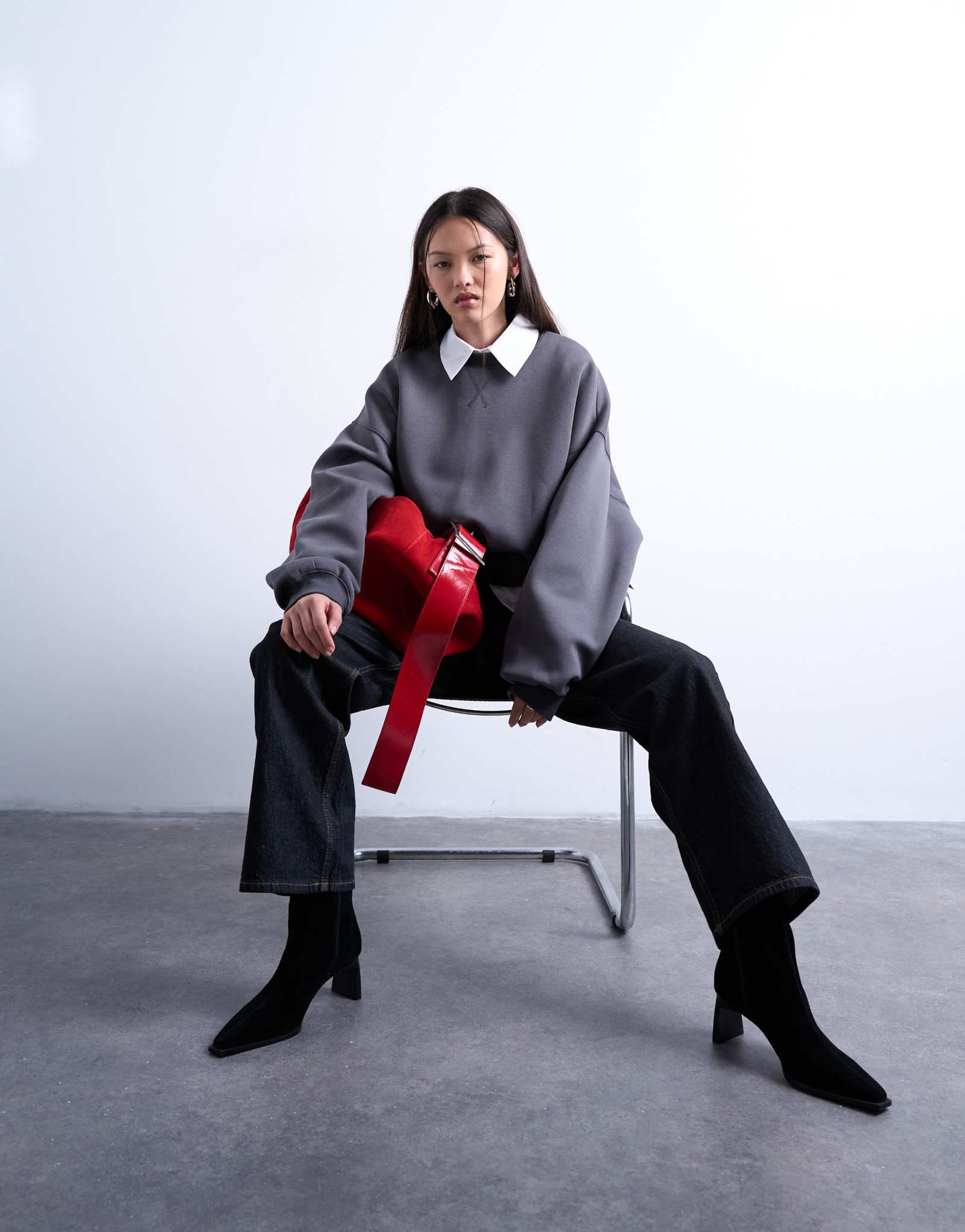 Толстовка с завышенной талией из ткани Topshop oversize в стиле scuba серого цвета