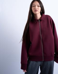 Oversized scuba-style fabric zip through jacket in burgundy