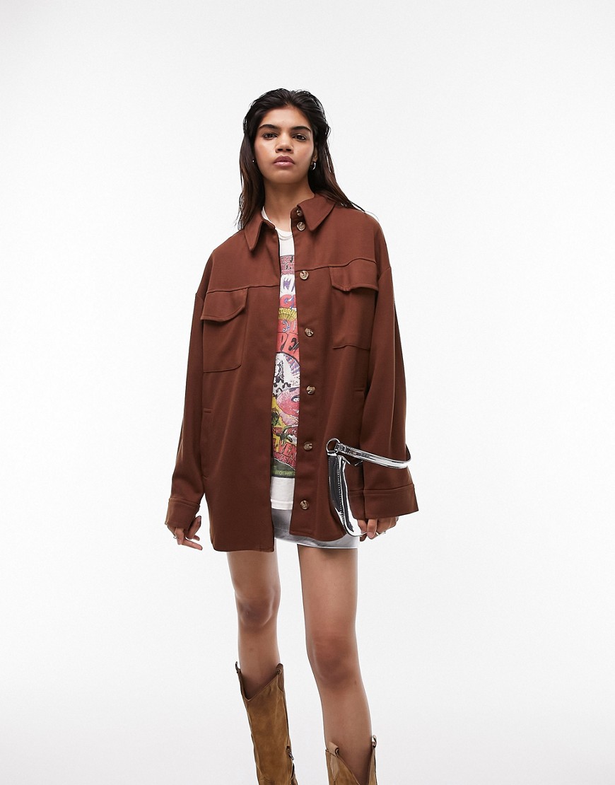 Topshop oversized shacket in chocolate-Brown