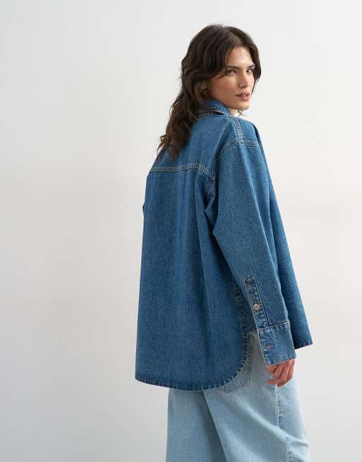 Topshop oversized shacket with panel insert in rich blue, 4 of 4