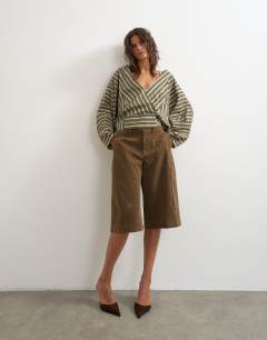 Model wearing Oversized shawl neckline wrap top in green stripe