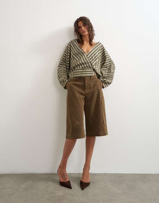 Topshop oversized shawl neckline wrap top in green stripe, 2 of 4