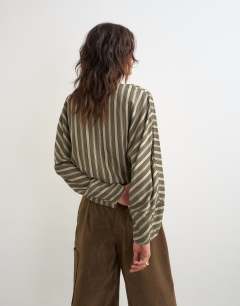 Model wearing Oversized shawl neckline wrap top in green stripe