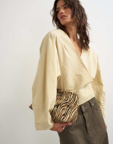 Topshop oversized shawl neckline wrap top in stone - view 1