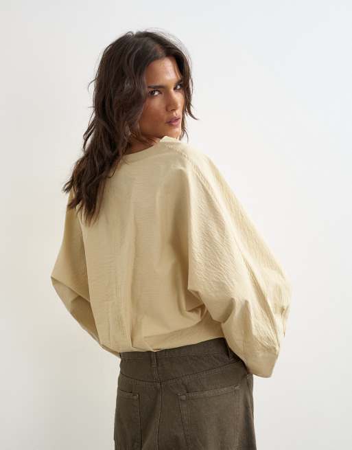 Topshop oversized shawl neckline wrap top in stone, 4 of 4