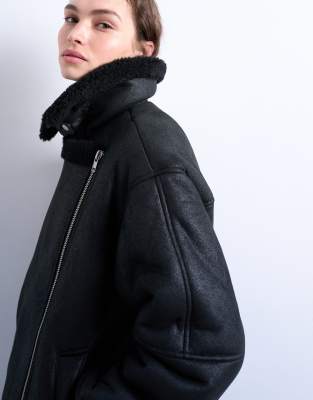 Topshop Oversized Shearling Aviator In Black