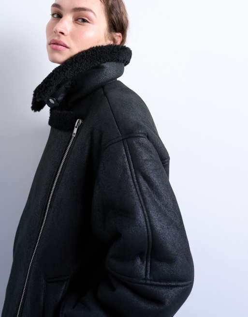 Topshop oversized shearling aviator in black