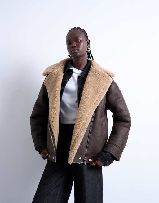 Topshop oversized shearling aviator in chocolate