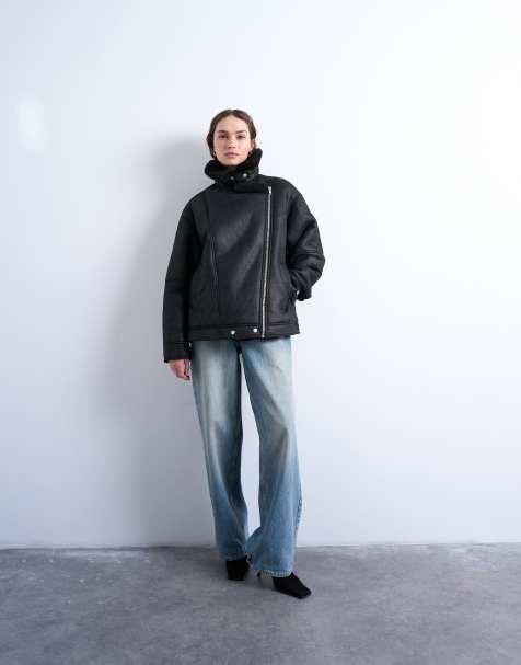 Topshop oversized shearling aviator jacket in black - view 1