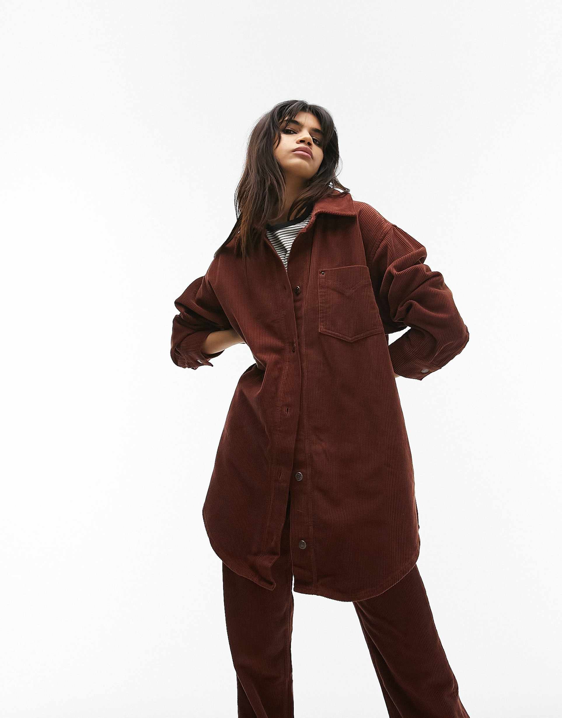 Topshop oversized shirt co-ord in burnt brown cord view 2