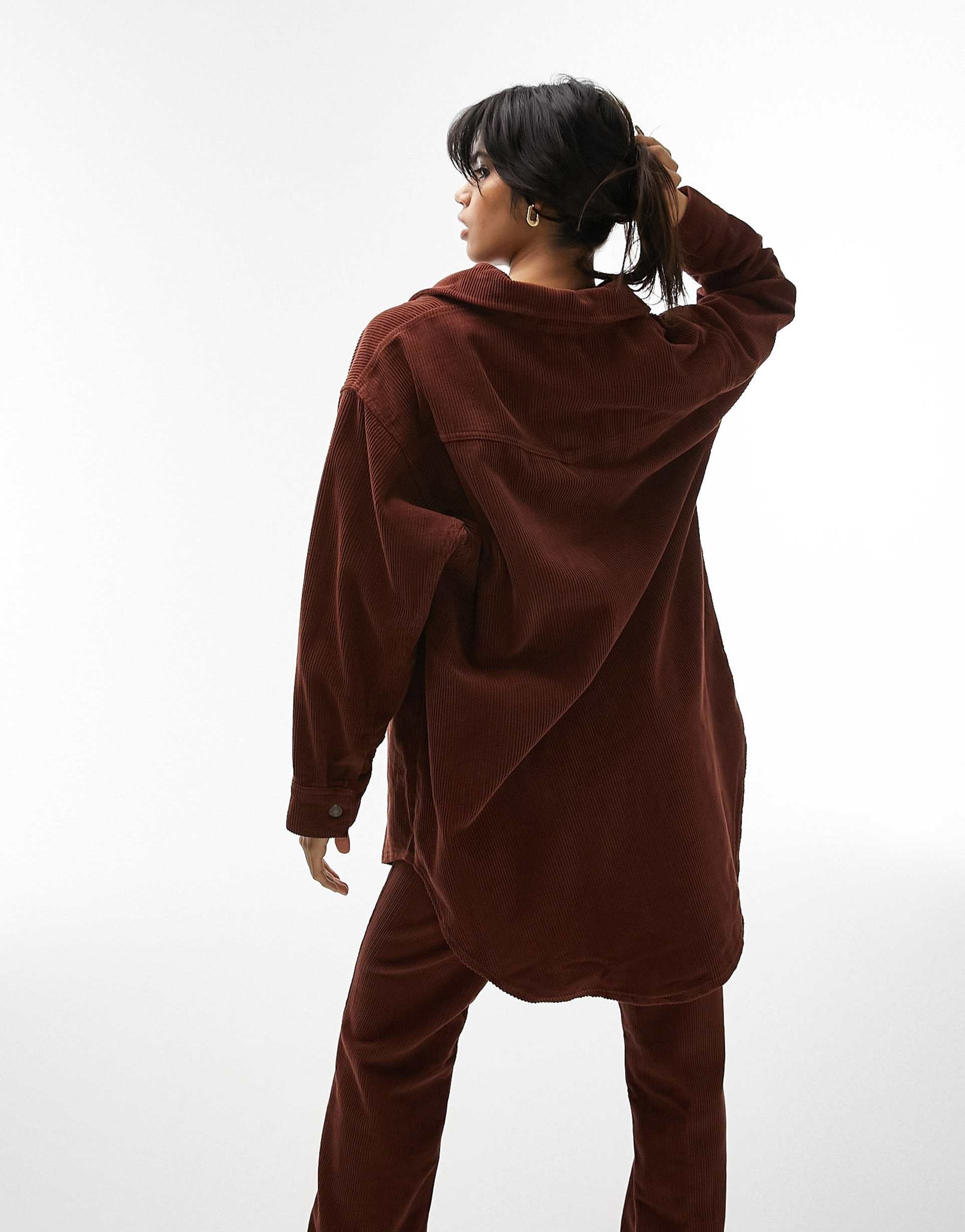 Topshop oversized shirt co-ord in burnt brown cord view 4