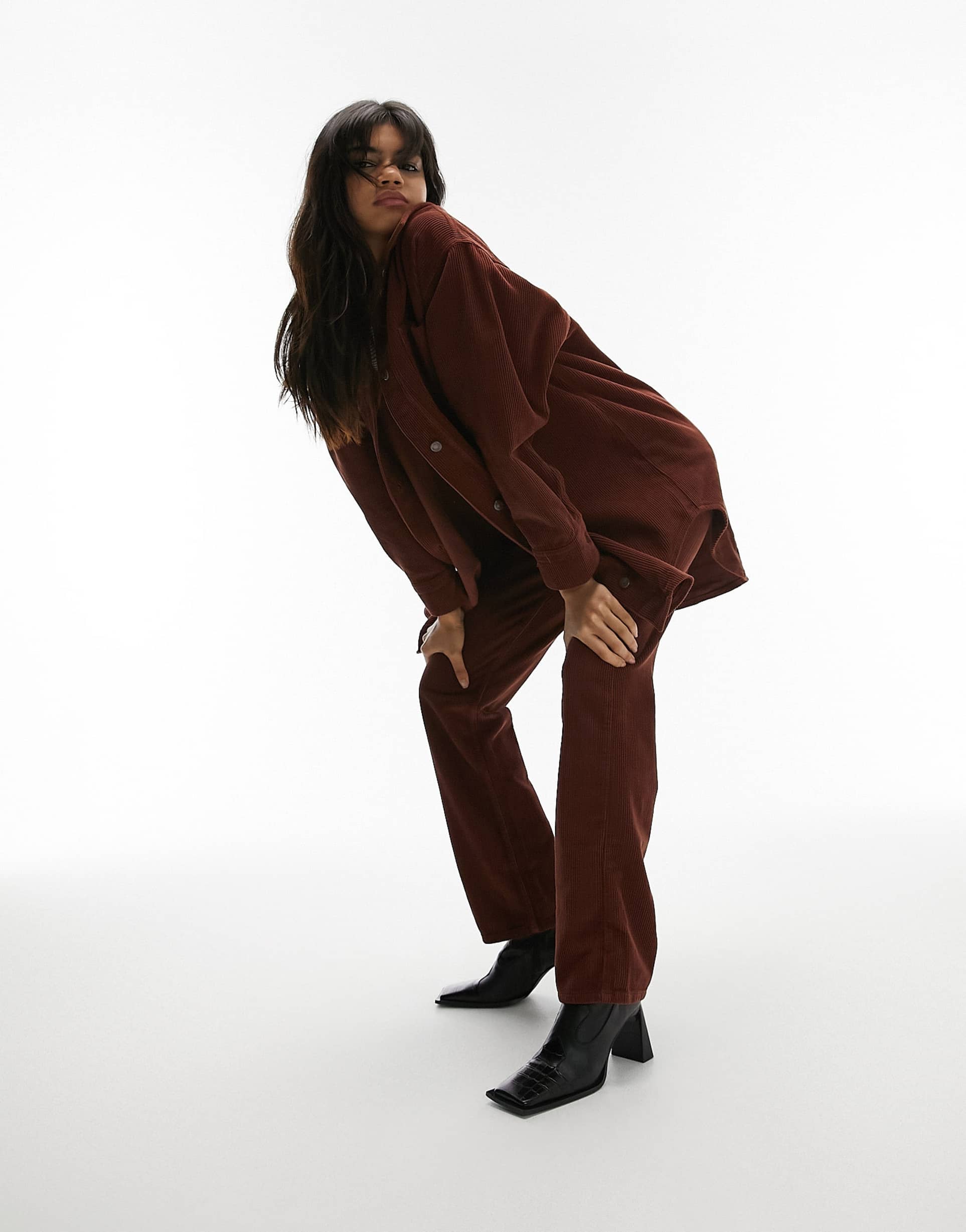 Topshop oversized shirt co-ord in burnt brown cord