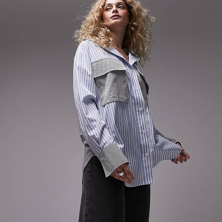 Topshop oversized shirt in blue and gray mix and match stripe