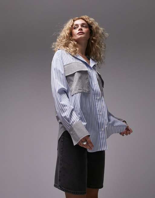 Topshop oversized shirt in blue and gray mix and match stripe