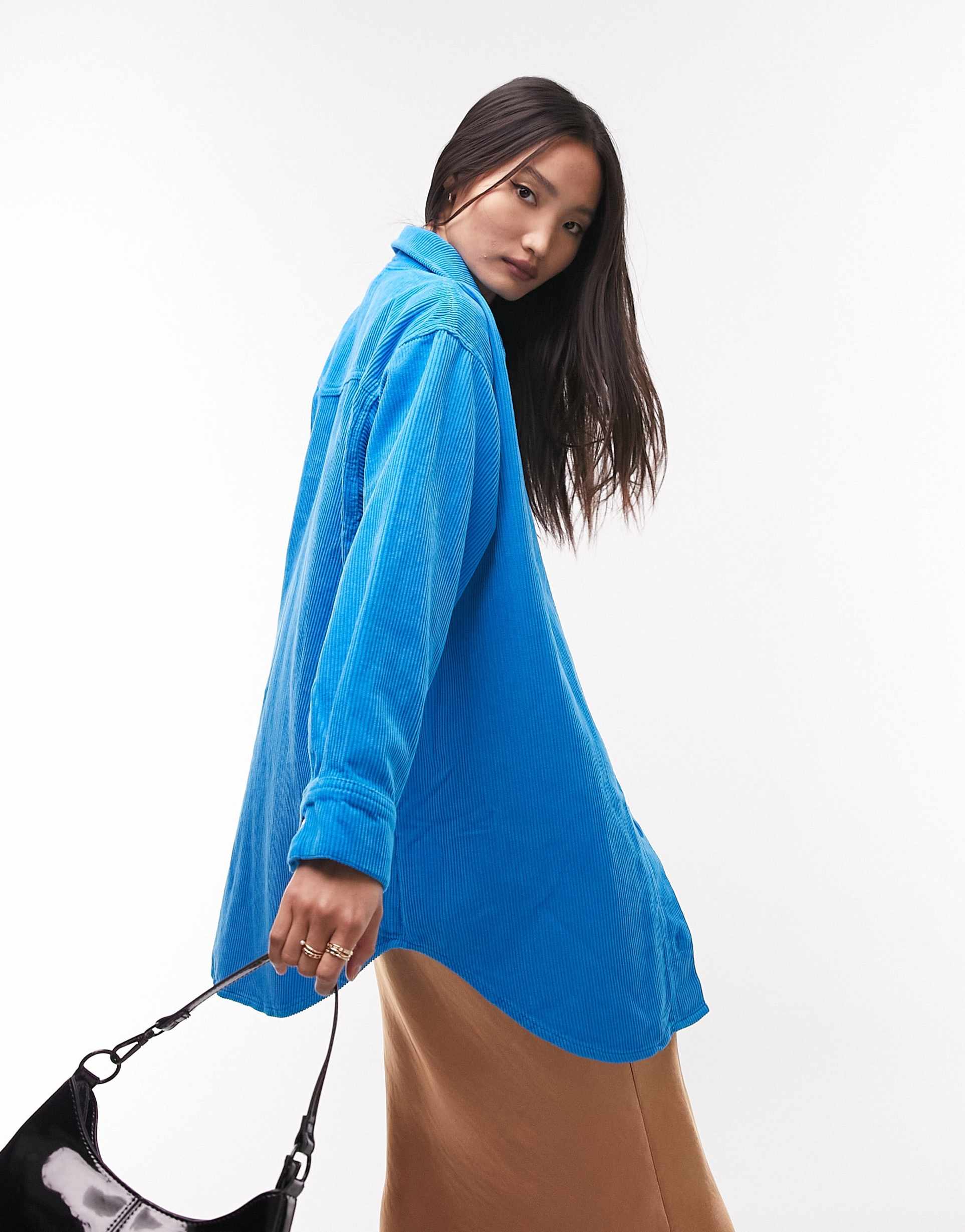 Topshop oversized shirt in blue cord view 3