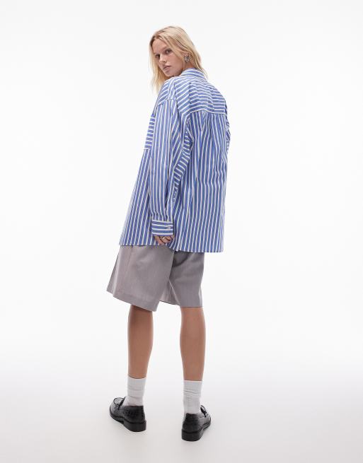 Topshop oversized shirt in blue wide stripe, 3 of 4