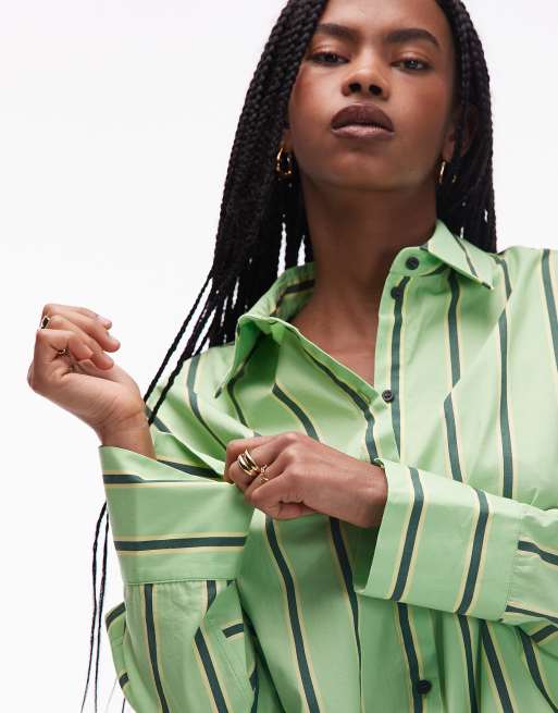 Topshop oversized shirt in green and yellow stripe, 3 of 4
