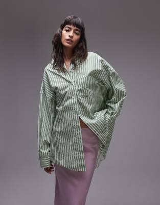 Topshop Oversized Shirt In Green Stripe