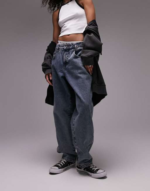 Topshop oversized side panel jeans in vintage blue